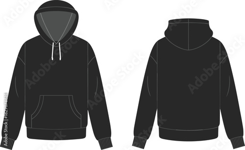 Black hoodie front and back view template with kangaroo pocket and drawstring design for apparel mockup, cad drawing flat vector illustration