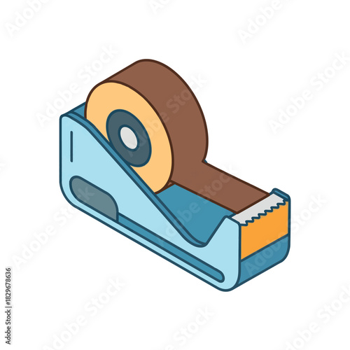 An isometric illustration of a blue tape dispenser holding a roll of brown adhesive tape, ready for use.
