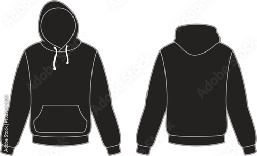 Black hoodie front and back view template with drawstring and kangaroo pocket for apparel mockup design, cad drawing flat vector illustration