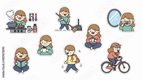 Cartoon sticker pack showing daily life activities: cooking, cleaning, brushing teeth, drinking coffee, reading, walking, cycling. Soft pastel palette, thick white outlines, kawaii expressions