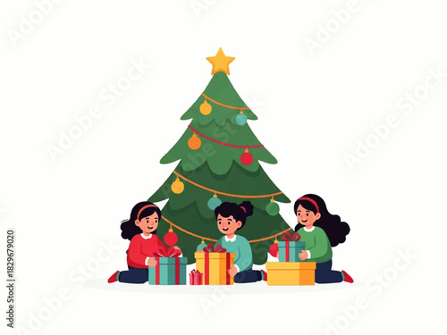 Three young girls sitting near a decorated Christmas tree, opening colorful wrapped presents.
