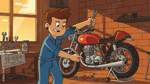 Young enthusiast meticulously tuning his classic motorcycle, passionately engaged in detailed mechanical work and repairs within his personal garage workshop
