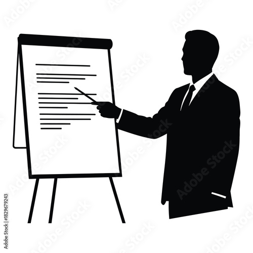 Silhouette of a businessman giving a presentation, pointing to a flip chart with text, isolated on white background a simple and professional design