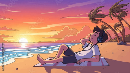 Cartoon scene of a person listening to music with headphones at the beach, warm sunset palette, clean outlines, chill atmosphere