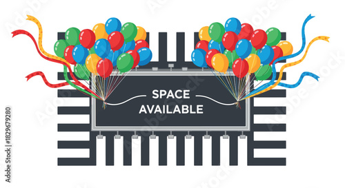 A microchip with "SPACE AVAILABLE" text, surrounded by colorful balloons and ribbons, symbolizing new opportunities or expansion in technology.