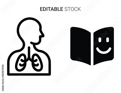 Beautiful silhouette vector of outline icon set showing human lung anatomy and happy book isolated on