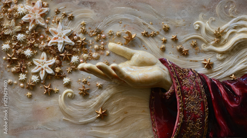 Elegant Hand Releasing Magical Golden Stars and White Floral Elements From Ornate Ruby Red Sleeve on Flowing Textured Background