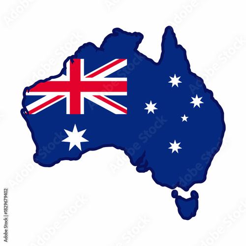 Vector illustration of the Australian continent's silhouette, proudly displaying the distinctive national flag with its Commonwealth Star and Southern Cross on a clean white background