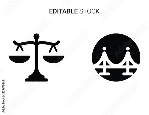 Beautiful silhouette vector of black silhouette icons of justice scale and suspension bridge isolated on