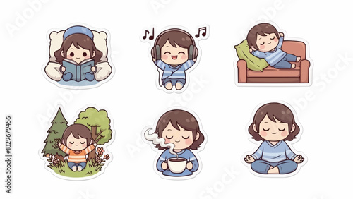 Relaxation-themed sticker set: reading book, listening to music, lying on sofa, enjoying nature, sipping tea, meditating. Soft colors, adorable cartoon facial expressions, smooth shading, white border