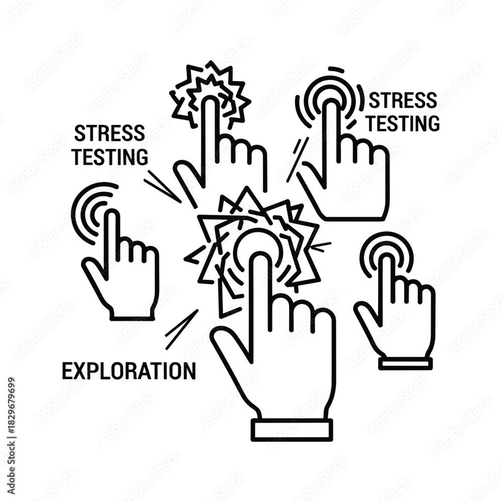 Fototapeta premium User interaction concept with multiple hands performing stress testing and exploration, isolated on white background
