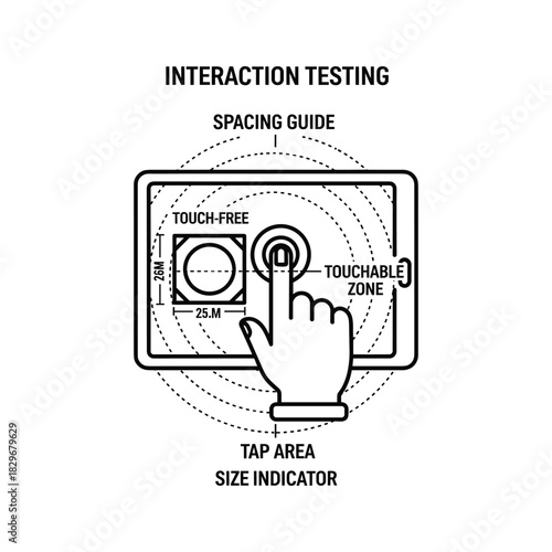 Interaction testing spacing guide for touchable zones and tap area size indicators on a digital device screen