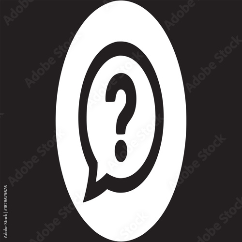 A question mark inside a speech bubble in a white circle on a black background with gray border