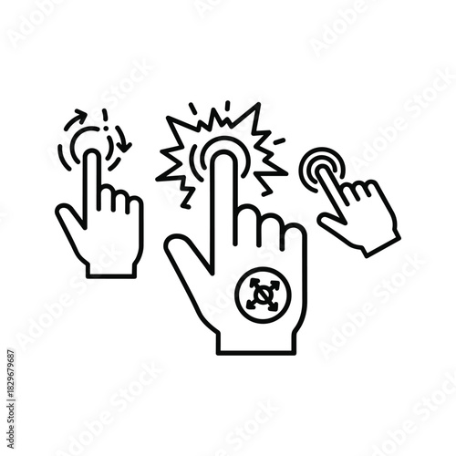 Digital device interaction hand gestures outline icon set, featuring tap, click, and rotate actions