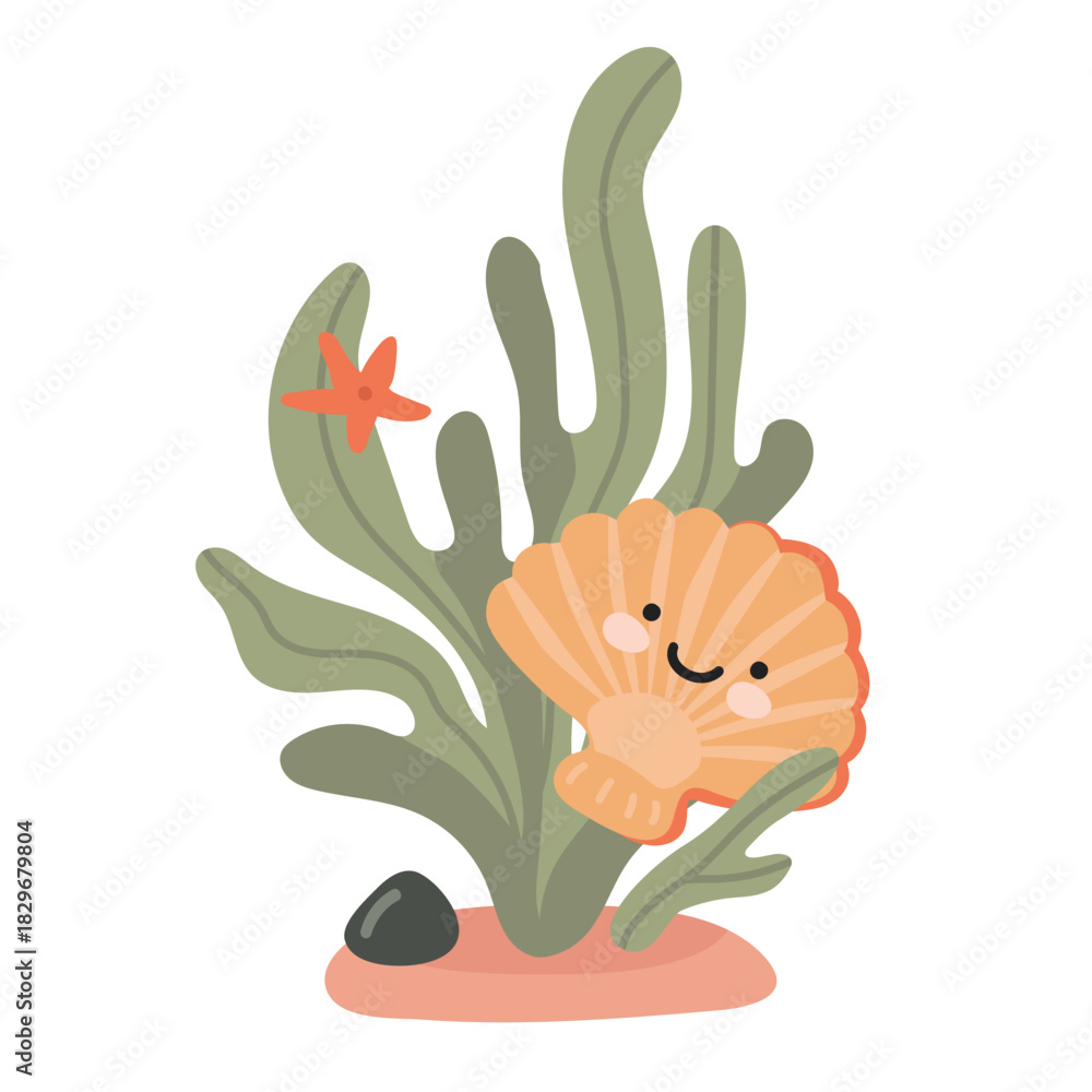 Fototapeta premium A kawaii cartoon scallop with starfish and green seaweed underwater in a flat style. Vector illustration for a greeting card or children's book.