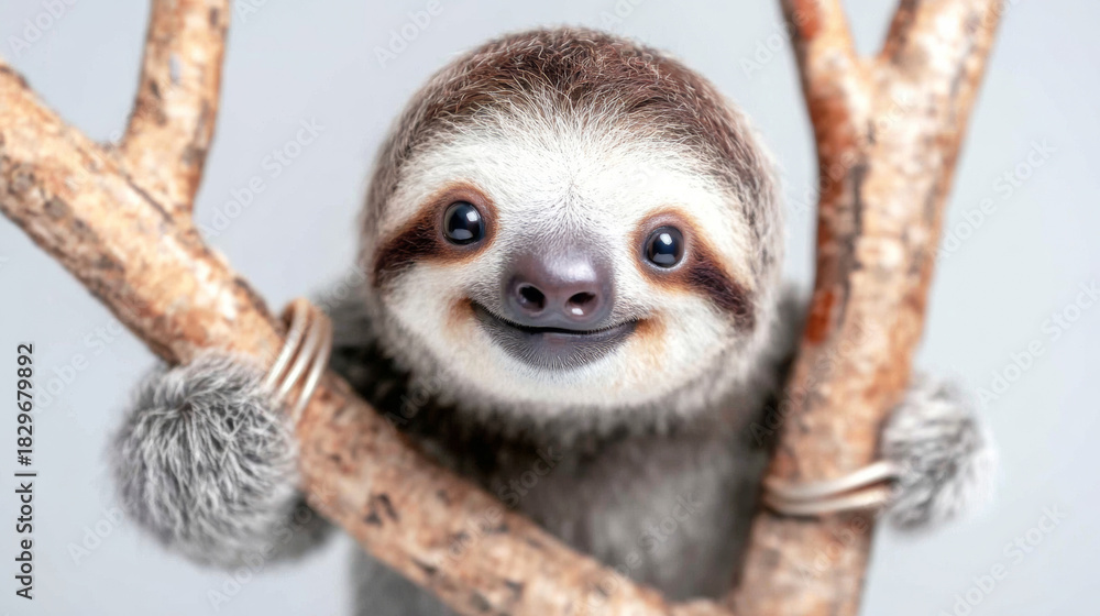Naklejka premium Young happy sloth clinging to a tree branch, soft gray background highlighting its cute friendly expression