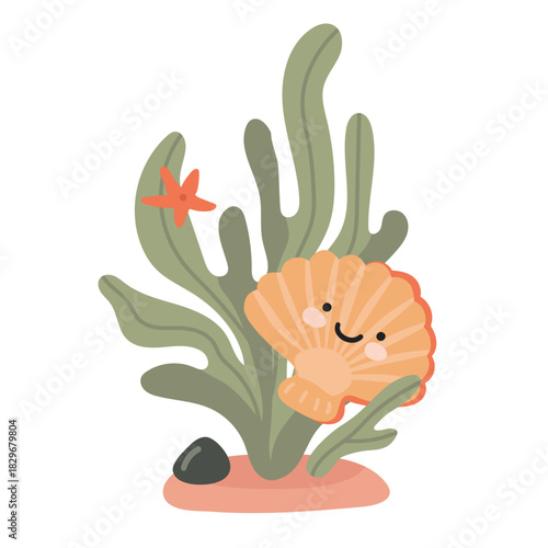 A kawaii cartoon scallop with starfish and green seaweed underwater in a flat style. Vector illustration for a greeting card or children's book.