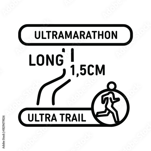 Ultramarathon and ultra trail long distance running event icon with runner symbol and "long 1,5cm" text