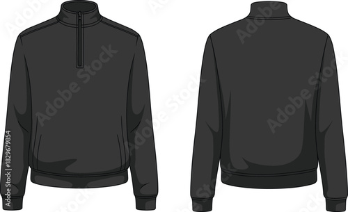 Black half zip pullover sweatshirt front and back view apparel mockup template for clothing design and fashion layout, cad drawing flat vector illustration