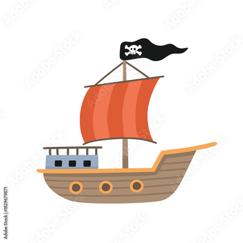 A cartoon pirate ship with a red sail and a black flag with a skull. Flat vector illustration for a children's game, book, sticker, icon, or adventure concept.