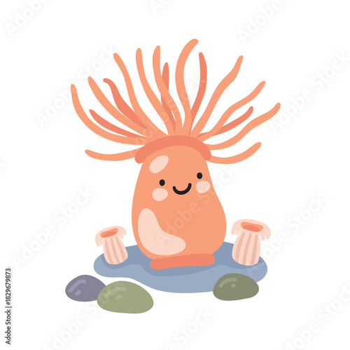 A cute sea anemone character with a funny face and large tentacles. Marine life under the ocean. Vector flat illustration for greeting cards, children's products, prints, and summer.