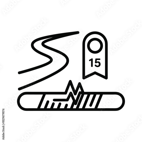 Snowboard and trail icon with number 15, representing winter sport, mountain activity, and resort signage