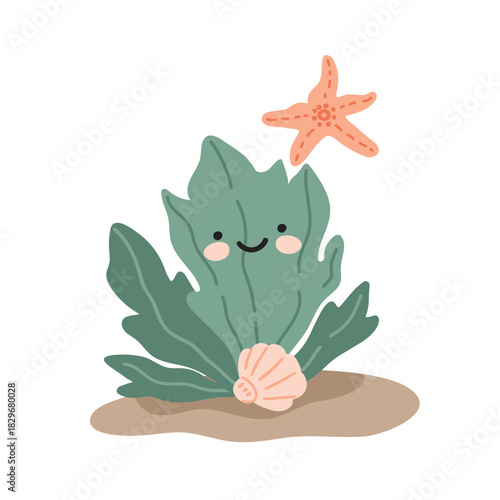 Cute cartoon green seaweed with shells and starfish. Underwater summer sea life character for greeting card, children's book. Flat style vector.