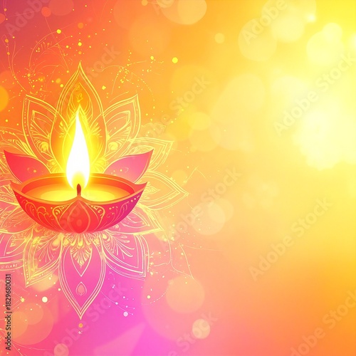 A stunning diya adorned with intricate designs, glowing softly from a flickering candle, set against a vibrant, colorful backdrop that enhances its beauty.