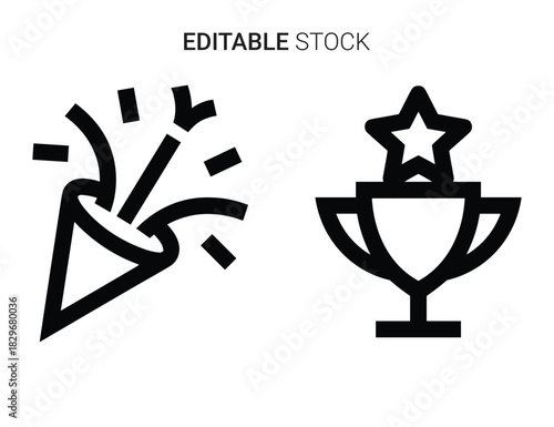Beautiful silhouette vector of celebration and achievement icon set with confetti popper and trophy