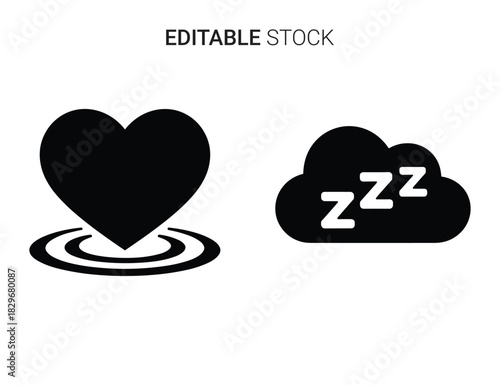 Beautiful silhouette vector of black icon set of heart with ripple and sleeping cloud with zzz
