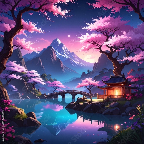 A stunning landscape featuring majestic mountains with snow-capped peaks, lush green trees lining a serene lake, reflecting the vibrant blue sky.