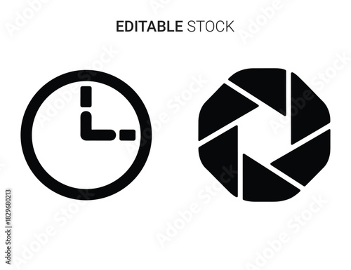 Beautiful silhouette vector of black and white icon set of clock and camera aperture isolated on