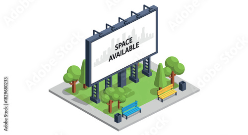 Isometric illustration of a park with a large billboard displaying 'SPACE AVAILABLE' for advertising.