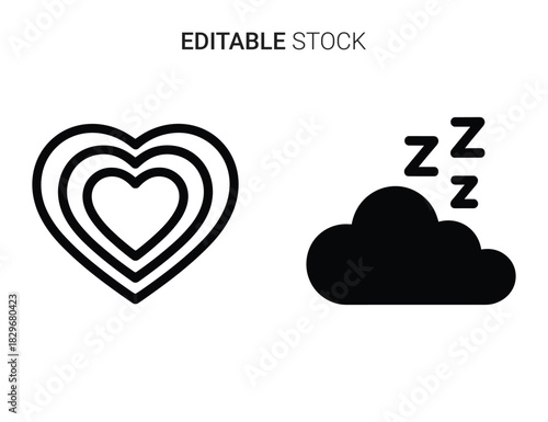 Beautiful silhouette vector of set of two black line icons heart shape and sleeping cloud with zzz
