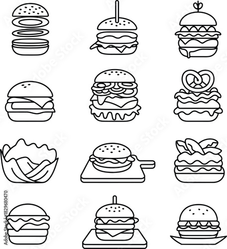 Gourmet Burger and Sandwich Line Art Icons