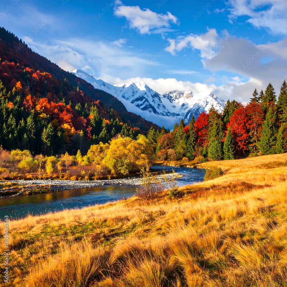 Fototapeta premium Scenic view of a river winding through autumn forest with snowy mountains