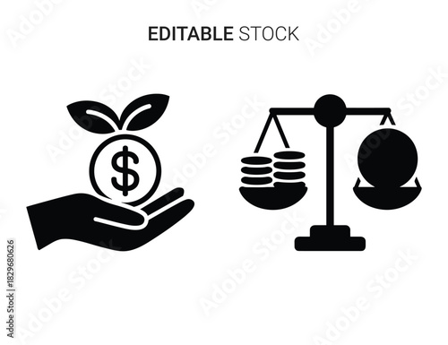 Beautiful silhouette vector of hand holding money plant and balance scale with coin icon isolated on