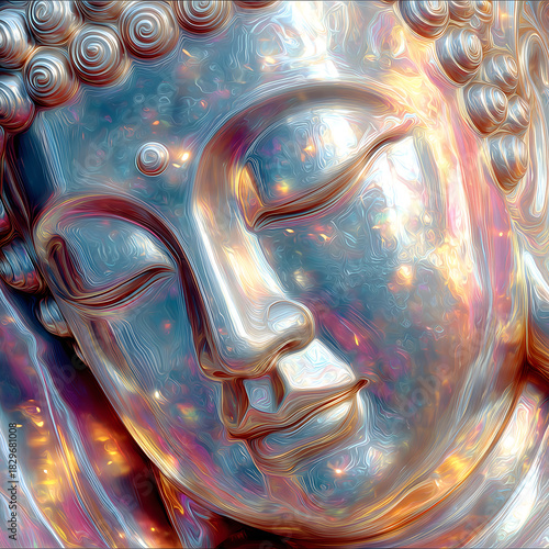 Buddha statue artwork reflecting spiritual peace, mindfulness, and enlightenment, creating a serene, introspective atmosphere