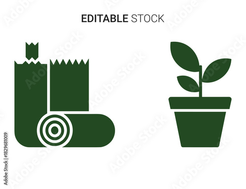Beautiful silhouette vector of green icon set showing rolled turf grass and potted plant isolated on