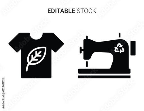 Beautiful silhouette vector of black icon set of eco friendly tshirt and sewing machine