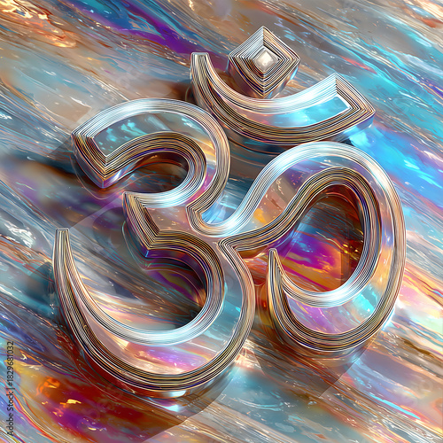 Om symbol glowing with iridescent colors, reflecting light on a liquid surface, embodying spirituality, mindfulness, and tranquility