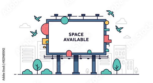 Illustration of a billboard with the words 'SPACE AVAILABLE' in front of a city skyline.