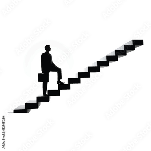 Silhouette of a businessman climbing stairs isolated on white background, symbolizing career advancement, ambition, and the pursuit of success in the corporate world
