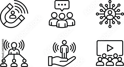 Collection of audience engagement icons showing customer attraction, community interaction, influencer communication, user connection, digital followers and marketing outreach symbols