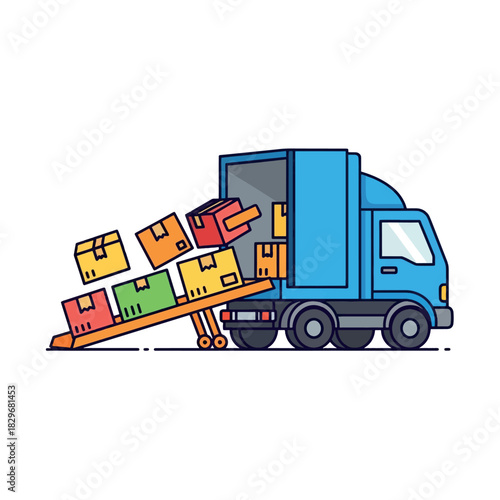 Illustration of a blue delivery truck unloading colorful cardboard boxes with a ramp and hand truck.