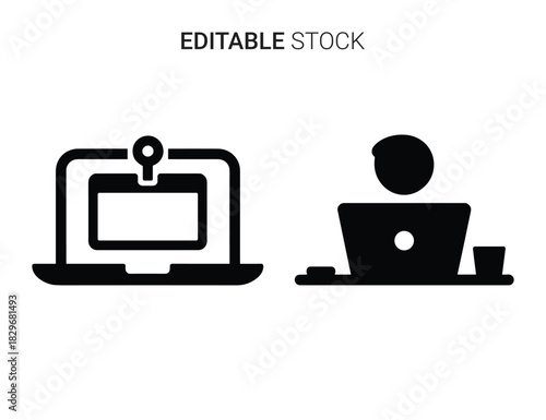 Beautiful silhouette vector of black and white icon set of person using laptop for video call