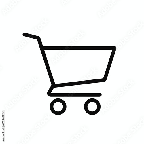 Minimalist Shopping Cart Icon – Black Line Drawing of E-Commerce Basket with Handle and Wheels on White Background