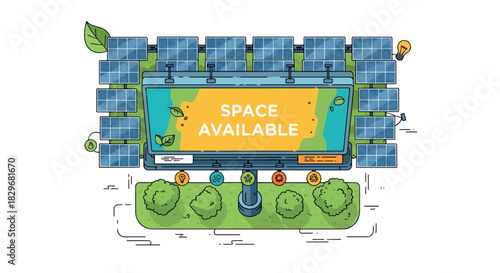 Illustration of a billboard with solar panels, advertising space availability, and promoting environmental sustainability.
