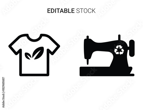 Beautiful silhouette vector of black and white icons of tshirt with leaf and sewing machine