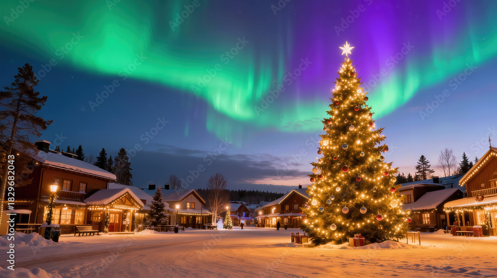 Fototapeta premium Beautifully lit Christmas tree under a vibrant aurora borealis in a snowy village during a winter evening